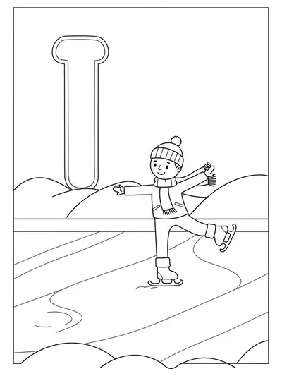 Letter I on an ice rink with an ice skater, easy sports coloring page for kids