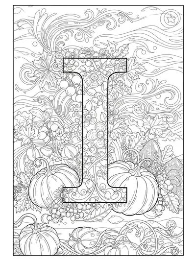 Letter I surrounded by intricate autumn leaves, swirling patterns, and pumpkins for coloring.