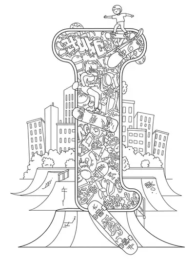 Letter I integrated into a complex urban skateboarding scene with ramps and city details.