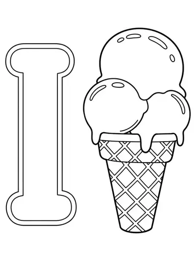 Simple letter I and large ice cream cone coloring page for preschool children