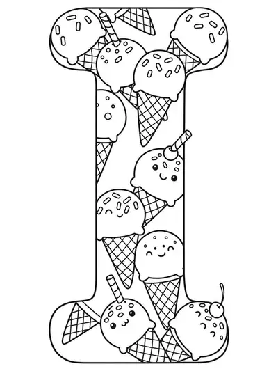 Outline of a large letter I with several ice cream cones around it for kids to color.