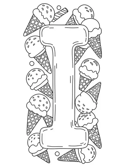 Black and white coloring page of letter I surrounded by ice cream cones for elementary children.