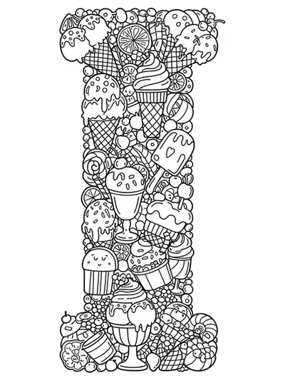 Letter I filled and surrounded by detailed ice cream treats, cones, sundaes, and sprinkles for coloring.