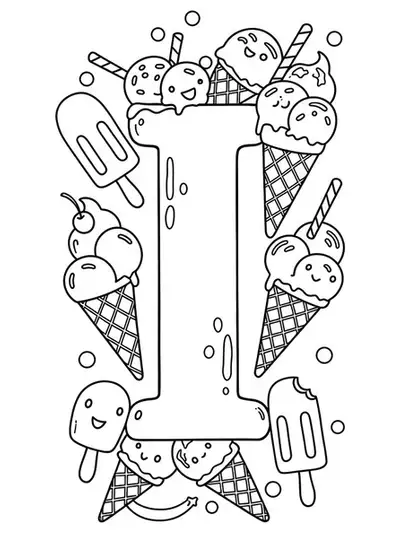 Letter I with ice cream cones and popsicles, easy outline coloring page for kids