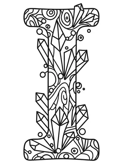 Letter I surrounded by ice crystal patterns and geometric shapes, medium complexity, for adult coloring.