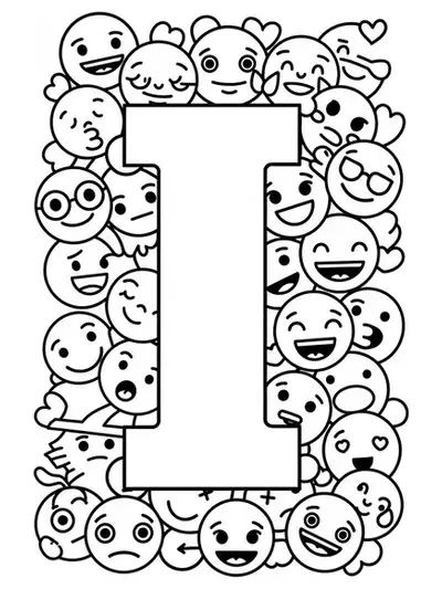 Letter I surrounded by easy emoji faces and icons for teen coloring