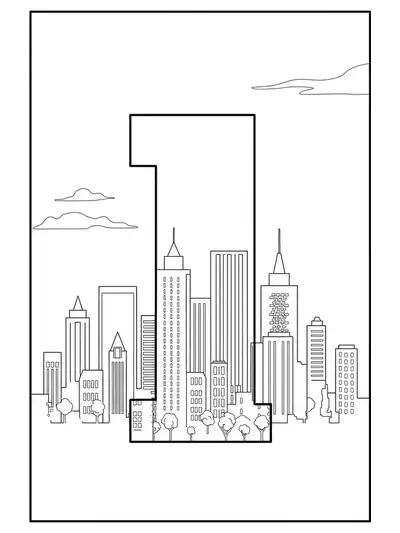 Letter I with a city skyline, easy coloring for teens