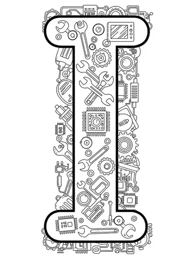 Letter I decorated with wrenches, circuit boards, and tech gadgets, medium detail line art for teens.