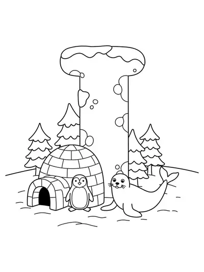 Letter I next to an igloo with a penguin and seal in a snowy scene.