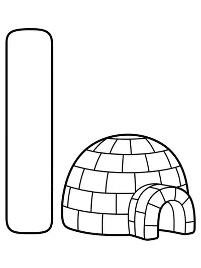 Letter I and igloo line art coloring page for young children