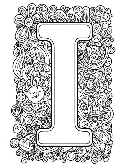 Letter I surrounded by fun, easy imagination doodles for teen coloring