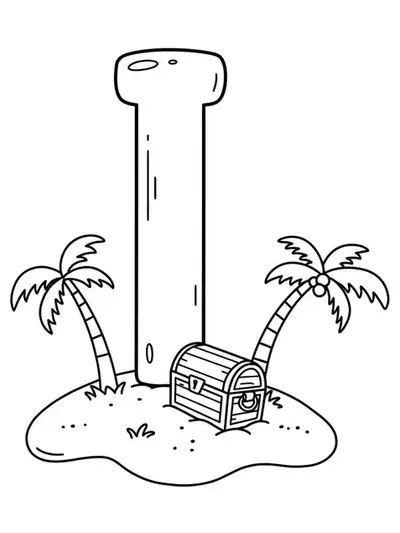 Letter I on a small island with palm trees and treasure, easy fantasy coloring page