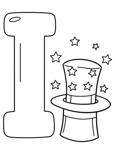 Letter I and a magic hat, simple outlines for preschool coloring