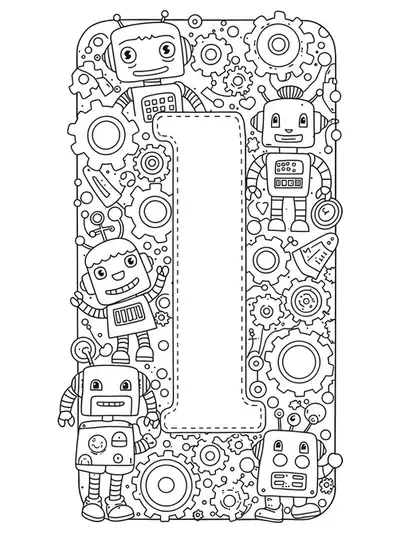 Large letter I with several simple robot characters and gears for coloring.