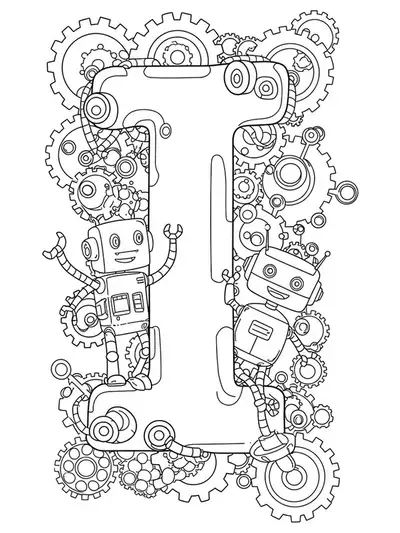 Coloring page showing letter I with multiple imaginative robot characters and gears for elementary kids.