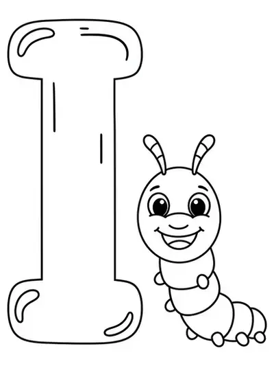 Letter I and a cartoon inchworm, easy coloring page for preschool