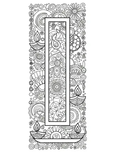 Coloring page of letter I with Indian festival decorations like lamps, rangoli, and garlands for elementary children.