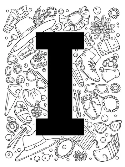Letter I with indie fashion accessories like hats and sunglasses, easy for teens