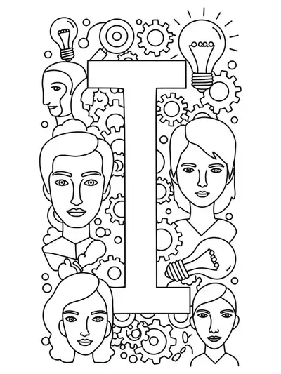 Letter I surrounded by gears, light bulbs, and abstract portraits representing famous innovators, medium detail line art.