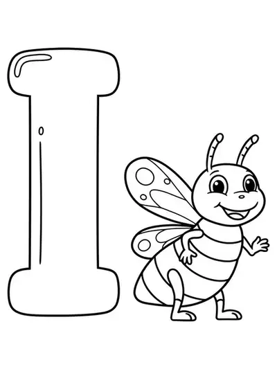 Large letter I with a simple bug for coloring, intended for preschoolers