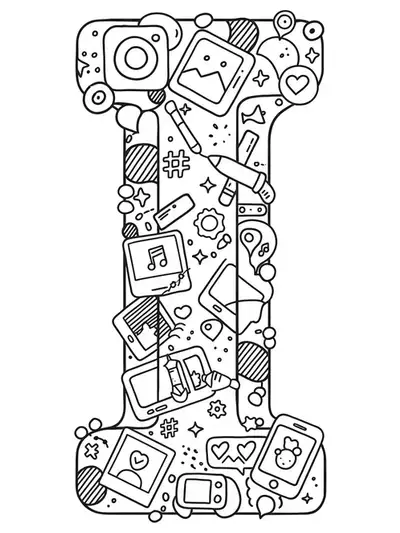 Letter I featuring social media icons, hashtags, and photo frames in a trendy style, medium complexity.