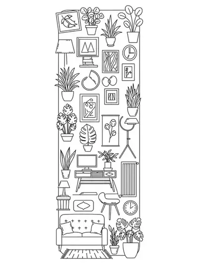Letter I filled with illustrations of modern furniture, houseplants, and geometric decor, medium complexity.