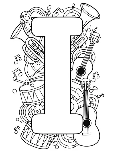 Large letter I with several musical instruments around it for coloring.