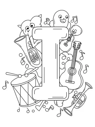 Letter I with simple musical instruments like a drum and guitar, easy coloring page