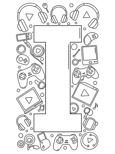Letter I with easy gaming icons like controllers and headphones for teens