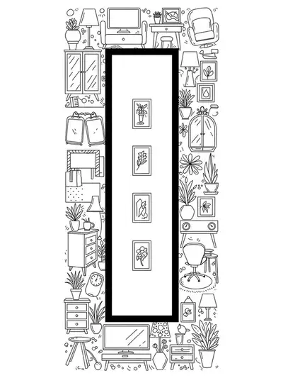 Letter I with easy furniture and decor outlines for teens to color