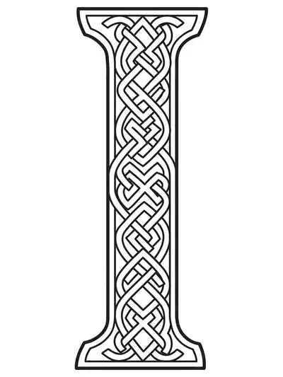 Letter I decorated with interlocking Celtic knotwork patterns of medium complexity.