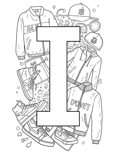 Letter I embellished with sneakers, hats, and trendy streetwear patterns, medium complexity line art.