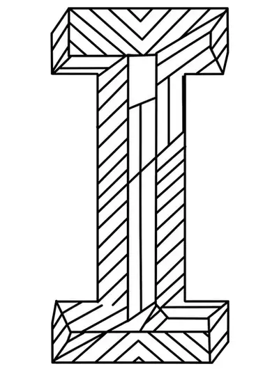 Letter I surrounded by optical illusion patterns with medium-level intricacy for adults.
