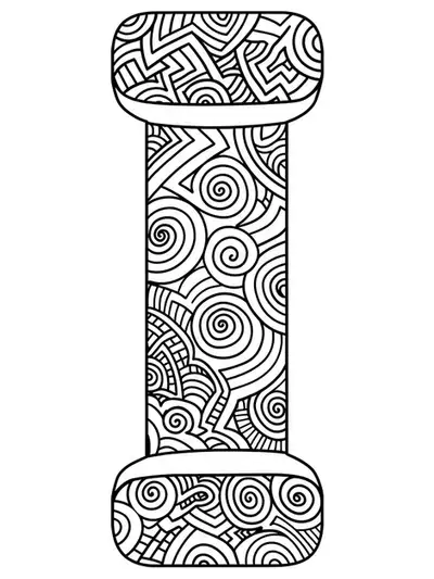 The letter I filled with optical illusion patterns like spirals and geometric shapes, medium complexity coloring page.