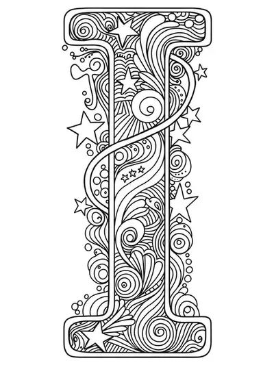 Letter I with whimsical swirling lines, stars, and doodles in a medium-difficulty adult coloring page.