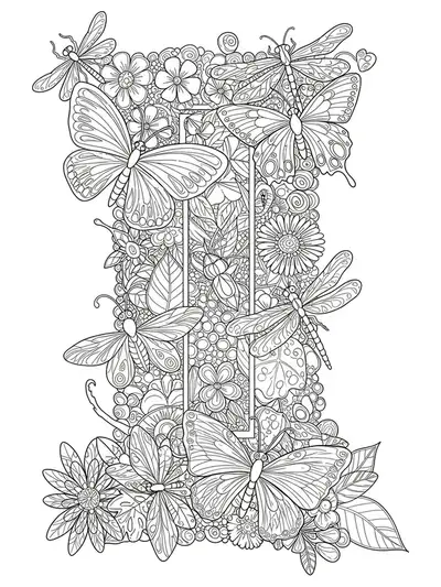 Letter I surrounded by detailed insects like butterflies, beetles, dragonflies, and garden flowers for coloring.