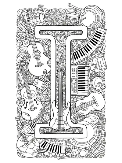 Letter I surrounded by detailed musical instruments like guitars, violins, drums, and musical notes for coloring.