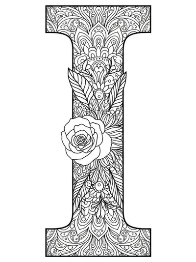 Letter I decorated with detailed tattoo-style roses, tribal swirls, and mandala elements.