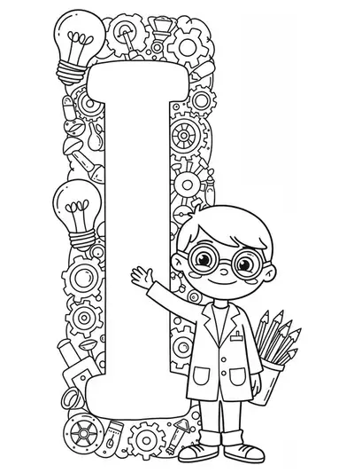 Coloring page featuring letter I with gears, light bulbs, and a young inventor character for elementary students.