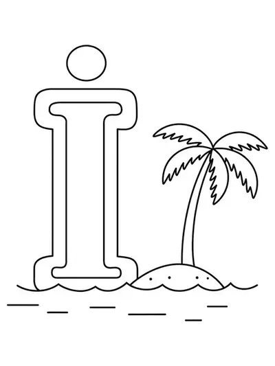 Simple letter I and tropical island outline for preschool coloring