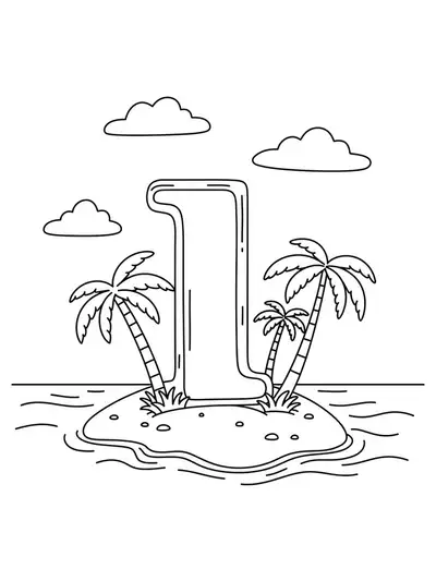 Letter I with island, palm trees, and waves for easy teen coloring