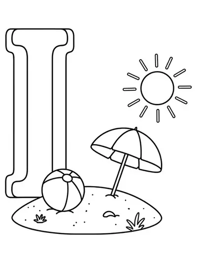 Letter I next to a sunny island with beach ball and umbrella, easy travel coloring page