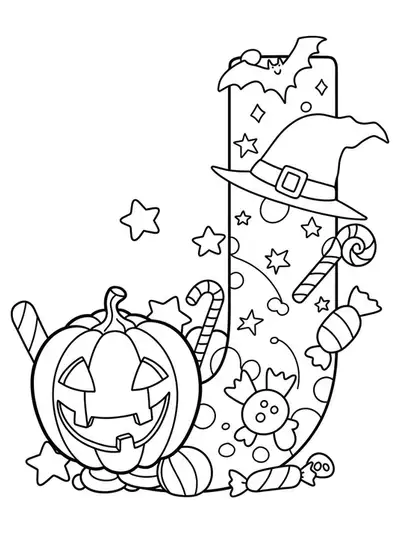 Coloring page with the letter J, jack-o'-lantern, stars, and candy for preschoolers.