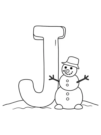 Easy coloring page of a big letter J with a simple snowman wearing a hat next to it.