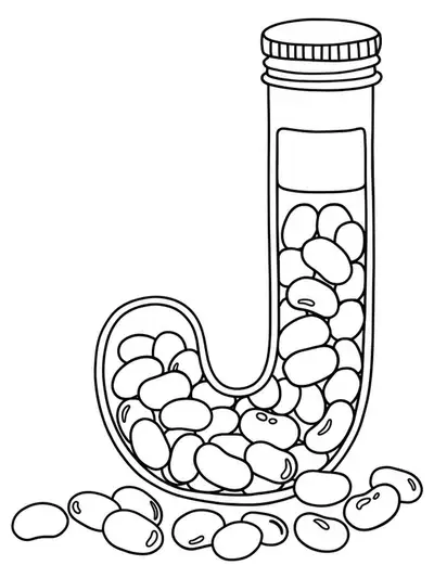Coloring page with the letter J, jar of jellybeans, and candies for preschoolers.