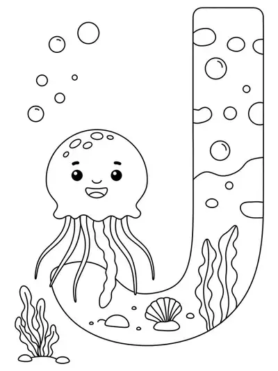 Coloring page with the letter J, jellyfish, seaweed, and bubbles for preschoolers.