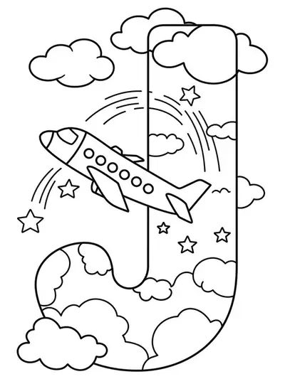 Coloring page with the letter J, a jet plane, clouds, and stars for preschoolers.
