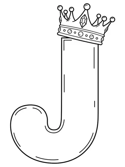 Easy coloring page of a big letter J with a simple jeweled crown beside it.