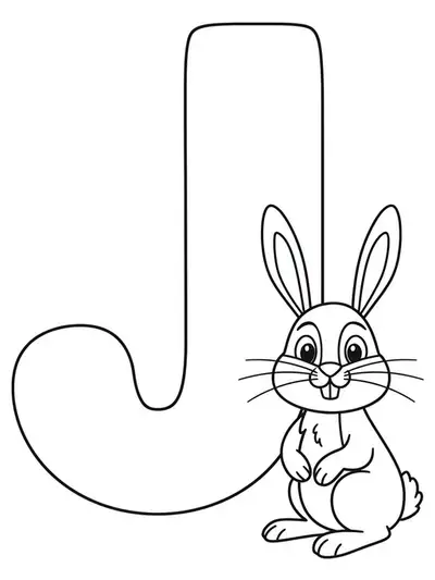 Simple coloring page of a big letter J with a happy jackrabbit sitting beside it.