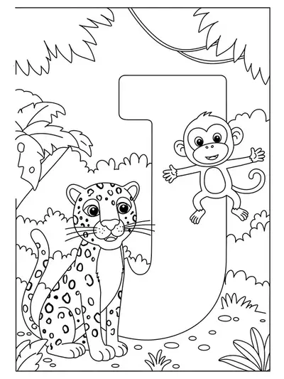 Coloring page of a big letter J with a jaguar and a monkey in a simple jungle scene.